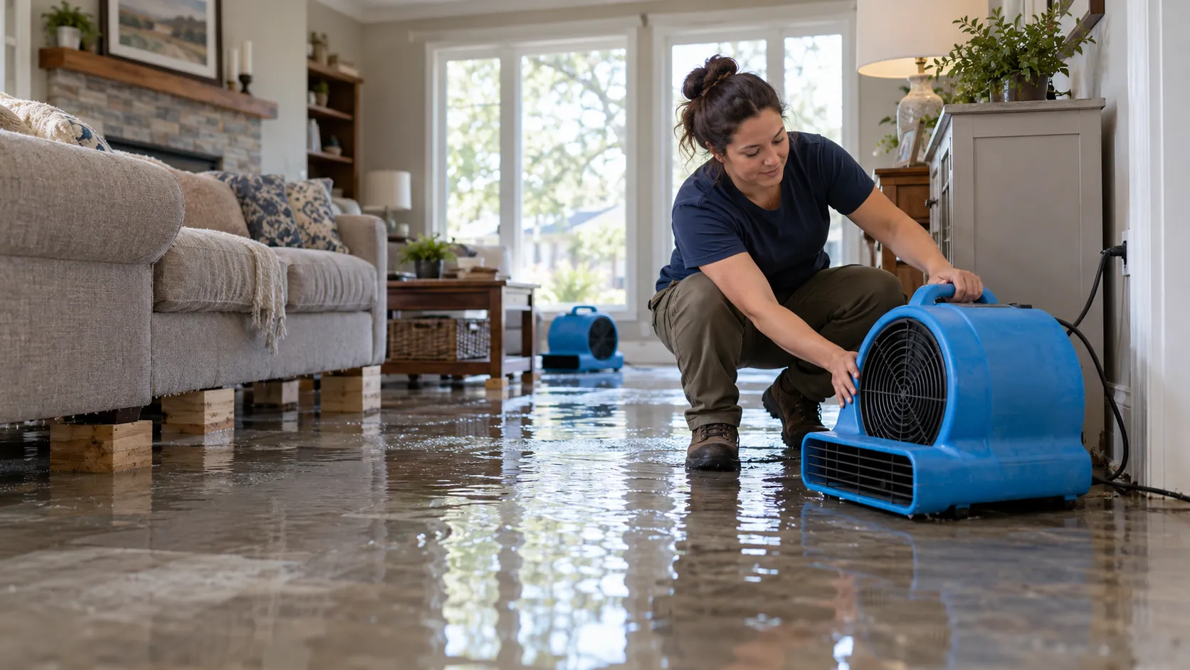 Water damage restoration technician drying a flooded living room in Chattanooga